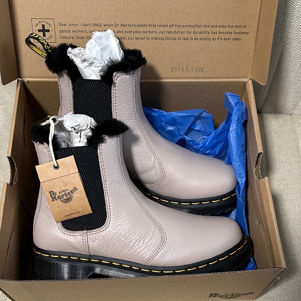 Dr. Martens Vintage Taupe Fur Lined Chelsea Boots